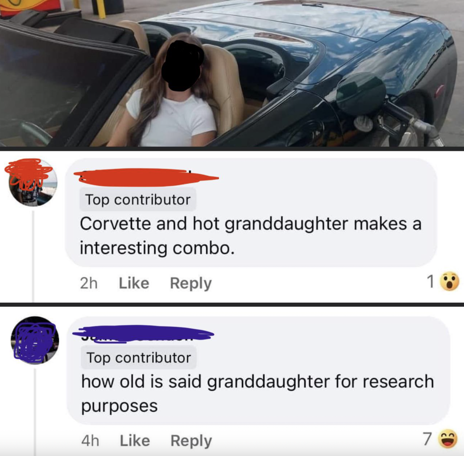 screenshot - Top contributor Corvette and hot granddaughter makes a interesting combo. 2h 1 Top contributor how old is said granddaughter for research purposes 4h 7